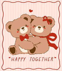 Kawaii Vintage Valentine Teddy Bear Couple Hugging Together Nostalgia Cartoon Doodle Hand Drawn