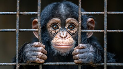 Naklejka premium Chimpanzee infant in metal cage