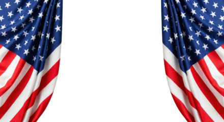 Two draped American flags with vibrant colors and detailed stars, creating a patriotic atmosphere with ample copy space for text or design. Isolated on transparent background.
