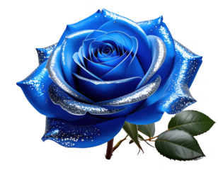 Rose Collection,Single blue rose with silver glitter on petal edges 3D,white background