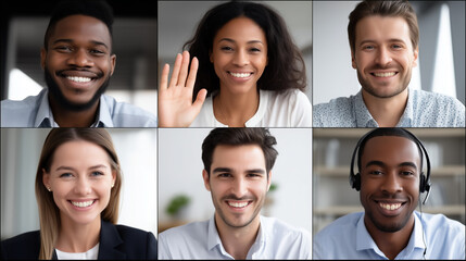 A highly realistic corporate technology lifestyle photograph depicting a group video conference displayed on a computer or laptop screen, showing six business professionals partici