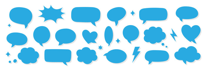 Blue comic speech bubbles and thought clouds. Cartoon talk balloons for communication, pop art, and modern graphic design
