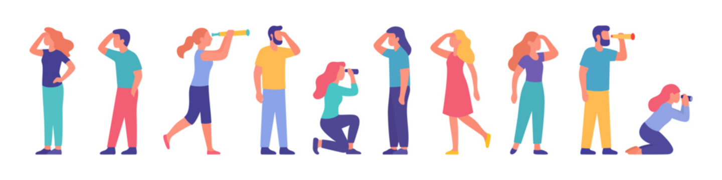 Group of diverse people looking forward with spyglasses or binoculars. Colorful modern design for exploration themes
