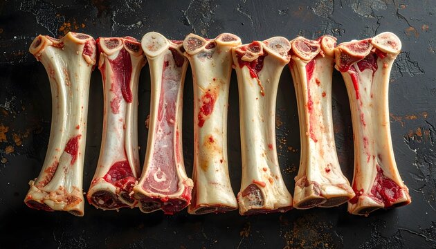 Raw beef marrow bones aligned