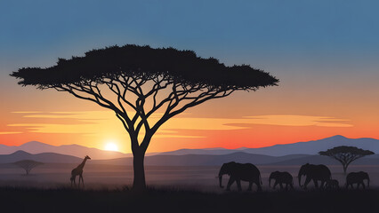A silhouette illustration of tree elephants and a giraffe against a vibrant sunset
