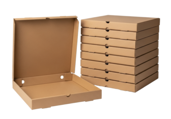 Recycled matte brown corrugated cardboard pizza box open, empty interior, next to stack of closed boxes, transparent background, soft studio light, high key, clean commercial packaging concept