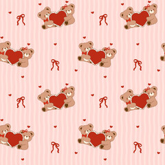 Retro Coquette Valentine seamless pattern vintage Teddy Bears Couple Hugging Heart Frame Striped Shabby Chic Preppy Printable Background