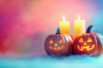 Candle lit Halloween pumpkins glowing in vibrant colors with empty space for festive greetings