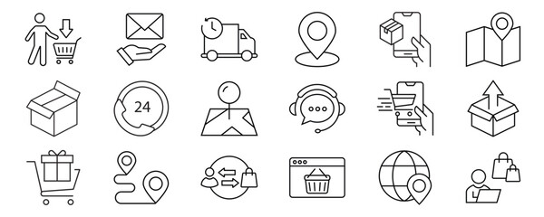 Delivery and logistics icon set. Shipping service vector icons. Fast track, courier, worldwide shipping, warehouse, package tracking. Supply chain management symbols. Editable stroke.