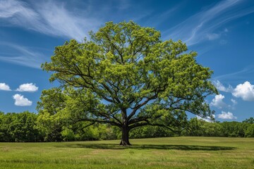 Fototapeta premium Landscape with a large oak tree growing in a green meadow under a beautiful blue sky with white clouds