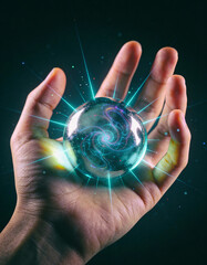 Close-Up of Open Human Palm Holding Abstract Glowing Sphere, Futuristic Concept with Dark Cinematic Background Symbolizing Innovation, Power, Energy, Technology, and Visionary Ideas