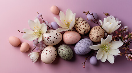 A vibrant Easter arrangement of colorful eggs and flowers on a pink background 