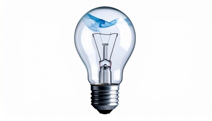 “Clear incandescent light bulb with blue bird in flight inside against white background”