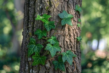 Obraz premium Vibrant green ivy leaves gracefully ascend the rough bark of a tree trunk, creating a captivating scene of nature's resilience