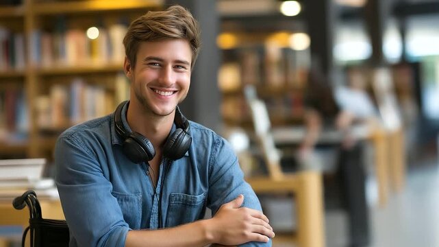 Young disabled student in wheelchair at library, inclusive education, accessibility in learning spaces, headphones around neck, confident expression, modern bookstore setting, with copy space