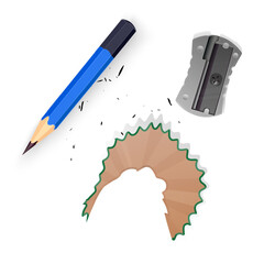 Realistic vector illustration of stationery items isolated on white. The set includes a sharpened blue wooden pencil, a metallic silver pencil sharpener, a curved wooden pencil shavin