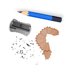 Realistic vector illustration of stationery items isolated on white. The set includes a sharpened blue wooden pencil, a metallic silver pencil sharpener, a curved wooden pencil shavin