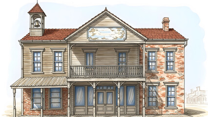 Fototapeta premium A vintage style illustration of a weathered wooden storefront with rocking chairs