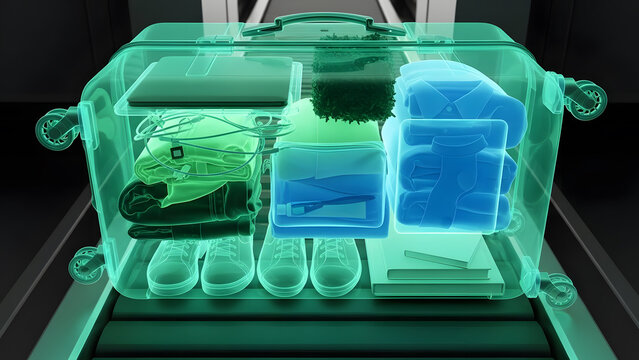 A digital visualization of a suitcase passing through an airport security x-ray scanner showing clothes and items