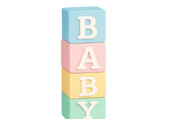 Stacking colorful alphabet blocks spelling baby on transparent background