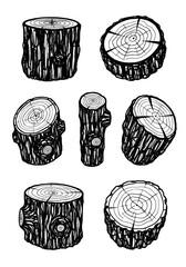 Collection of hand-drawn wood logs and tree stump cross-sections in vintage sketch style, black and white ink vector illustration