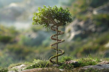Fototapeta premium Green tree growing with dna helix trunk in nature reserve, symbolizing genetic engineering and modification