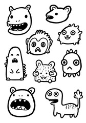 Cute black and white doodle monster characters set, funny alien creatures vector illustration, quirky hand-drawn sketch collection