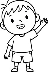 Obraz premium Cute cartoon black and white line art drawing of a cheerful young boy waving hello with a big smile on his face