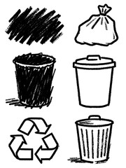 Black and white sketchy hand-drawn icons of waste management, featuring recycling symbol, trash cans, garbage bags, and charcoal scribble texture