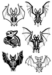 Black and white spooky bat skeletons collection, flying creatures with anatomical rib cages and skulls, detailed vector illustrations for Halloween design