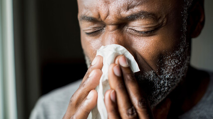 Close up of an adult man blowing his nose with tissue, suffering from cold, flu or allergy, health problem concept, illness symptoms, seasonal sickness and healthcare theme