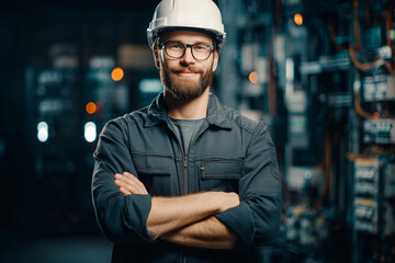Confident industrial engineer wearing hard hat and safety glasses standing in modern server room, professional technician portrait with crossed arms in data center environment