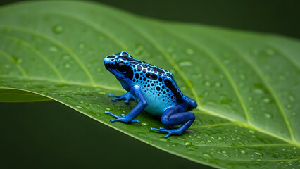 Obraz premium Blue Poison Dart Frog on Leaf in Rainforest Setting