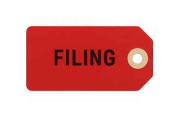 Red filing tag displaying filing text