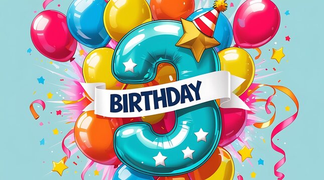 A vibrant celebration with colorful balloons and a large number three