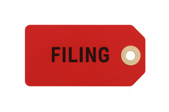 Red filing tag displaying filing text - Powered by Adobe