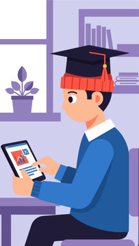 A diligent student in a graduation cap, focused on successful online learning with a digital tablet at home, symbolizing virtual academic achievement and future career readiness