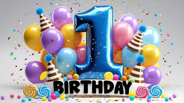 Colorful balloons and a large blue number one celebrate a first birthday