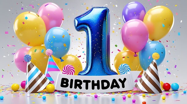 A vibrant first birthday celebration with balloons cake and festive decorations