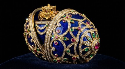 Luxurious Blue and Gold Jeweled Easter Egg with Miniature Carriage Inside