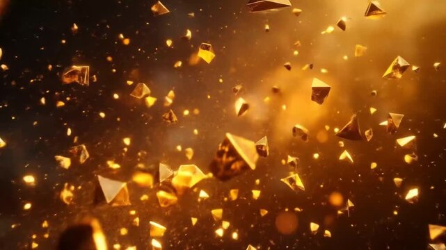 Abstract explosion of golden geometric shapes.