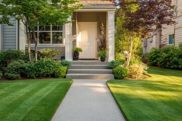 Obraz premium Concrete yard pathway with steps leading to a white front door on a welcoming home exterior
