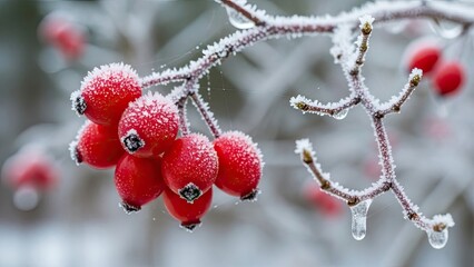Frosty Red Berries on Branch.