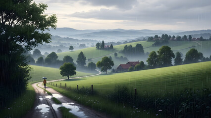 A person with an umbrella walking on a path through misty green hills during rain