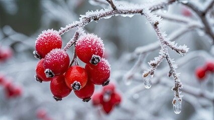 Frozen Red Berries on Snowy Branch.