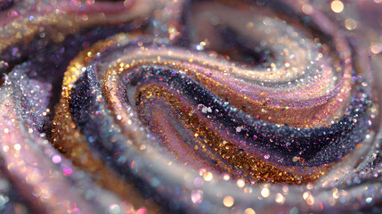 Swirl of glitter and sequins forming intricate dreamy background with sparkling colors textures