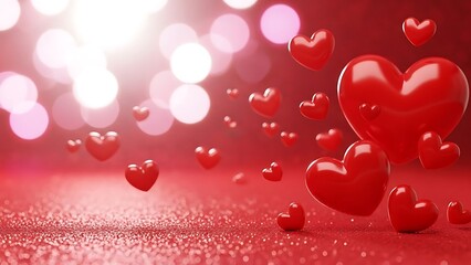 Floating red hearts with sparkles on pink background for love celebration