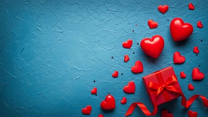 Red hearts and gift box scattered on textured blue background for love celebration