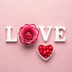 Love spelled with rose and candy hearts on soft pink background