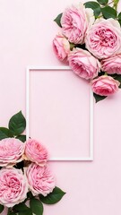 Pink roses framing empty white picture frame on soft pink background